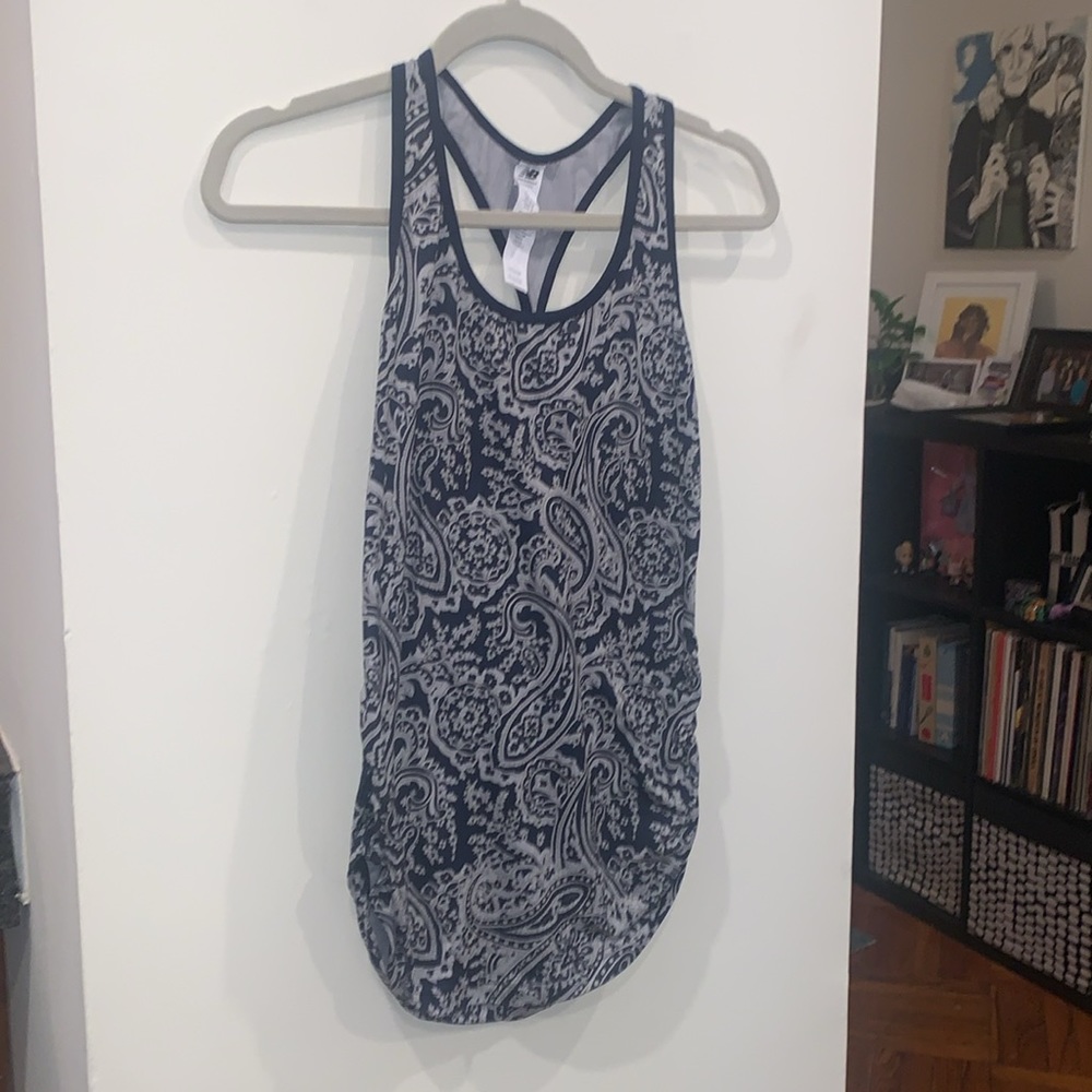 New Balance x J Crew racer back navy blue paisley exercise top size small